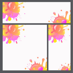Bright splashes, picturesquely spilled paint - set of backgrounds for mobile applications, websites or printing - vector set with copy space. Banner, postcard or wallpaper with bright drops and blots.