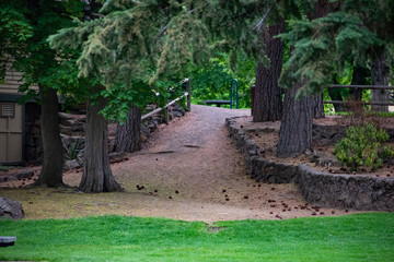 Lush Green Beautiful and Inviting Forested Park Path at Drake park in Bend Oregon