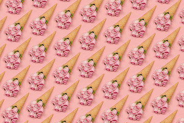Pink shade roses in wafer ice cream cones