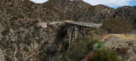 Panoramic image showing the Big Tujunga Canyon bridge over Mill Creek along the Angeles Forest Highway. 