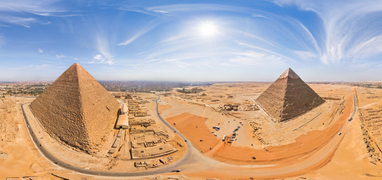 Panoramic aerial view of the Great Pyramids of Giza in Egypt