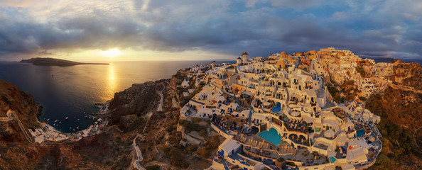 Aerial view of Thira city during the sunset, Santorini, Greece.