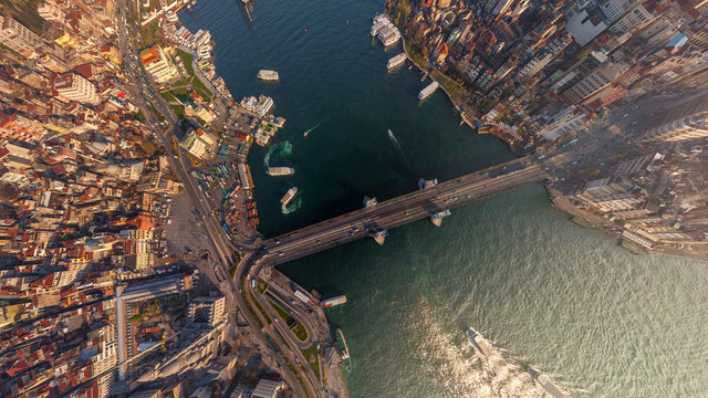 Aerial view of bridge connecting downtown Istanbul, Turkey