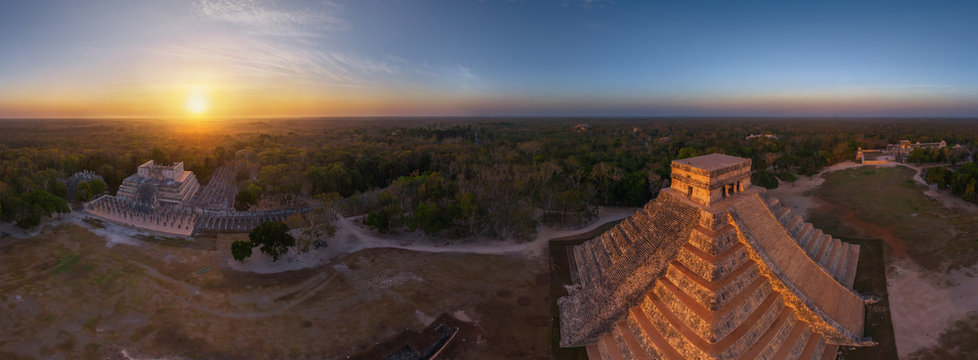 Panoramic aerial view of Maya Pyramids, Chichen Itza, Mexico
