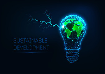 Futuristic sustainable energy concept with glow low polygonal light bulb, Earth map and lightning.