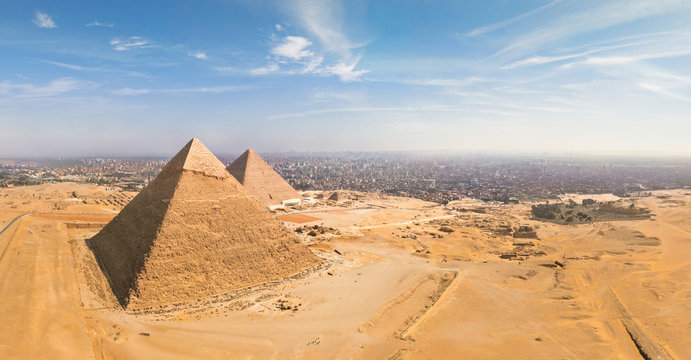 Aerial view of the Great Pyramids of Giza in Egypt