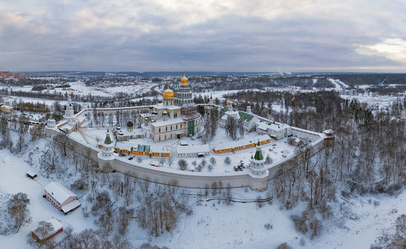 Aerial view of New Jerusalem Monastery covered with snow, Russia.