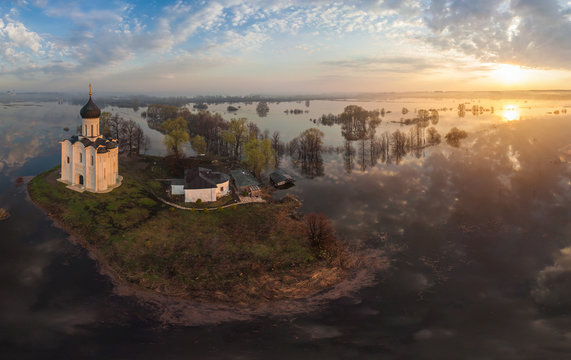 Aerial view of the church of Intercession of the Holy Virgin on the Nerl River, Russia.