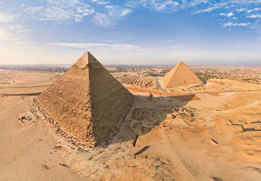 Panoramic aerial view of the Great Pyramids of Giza in Egypt