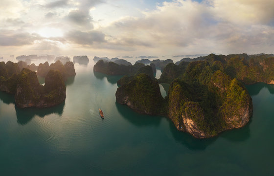Aerial view of single boat at Halong Bay during foggy day, Vietnam