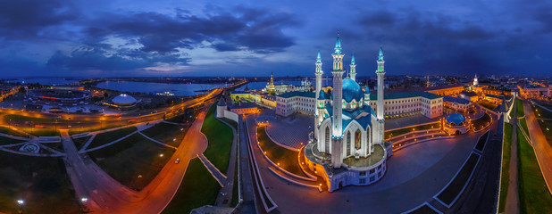 Panoramic aerial view of Qolsharif Mosque at night, Kazan, Russia