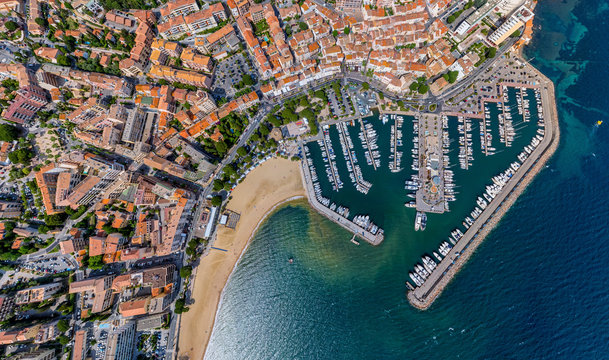 Aerial view above of the port of Sainte-Maxime, France
