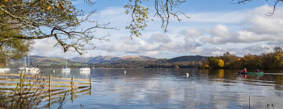 A multi image panorama of people on a kayak on Lake Windermere, seen in October 2019 in Cumbria.