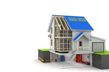 3d illustration of  house construction over white background. Home constructing building theme.