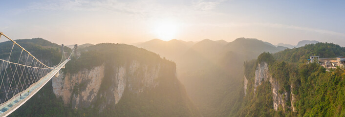 Aerial view of Zhangjiajie Glass Bridge during sunset, China