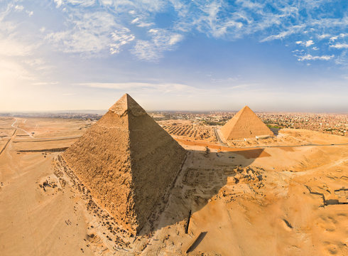 Aerial view of the Great Pyramids of Giza in Egypt