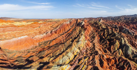 Panoramic aerial view of Colourful mountains at Zhangye Danxia Geopark, China