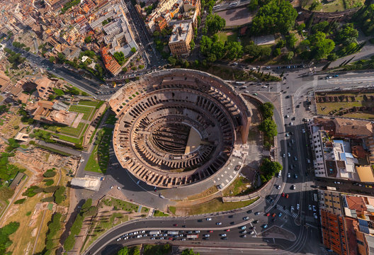 Aerial view of Roman Colosseum during sunset, Rome, Italy