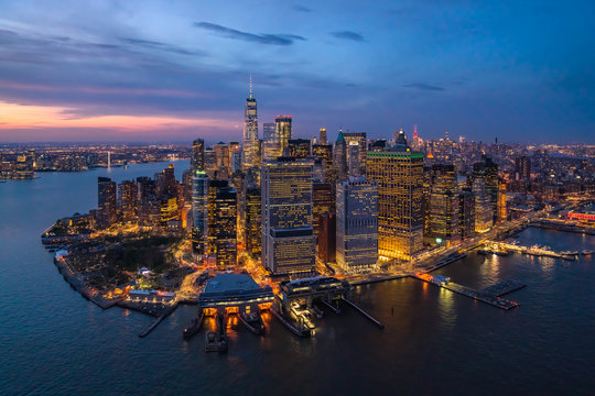 Aerial view of Manhattan during the night, New York, USA