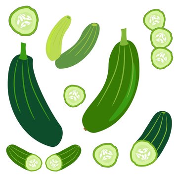 Set icons of cucumbers. Vector clipart of eco vegetables.
