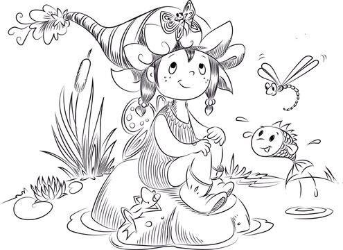  fairy, girl, small, frog, dragonfly, butterfly, pond, line drawing, cute cartoon.