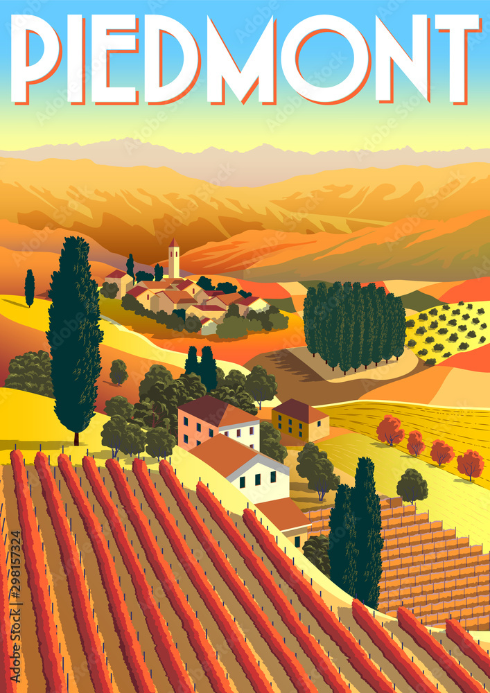 Poster romantic rural landscape in sunny day in italy with vineyards, farms, meadows, fields and trees in t