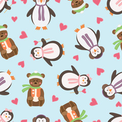 Vector funny holiday seamless pattern with penguins and teddy bear