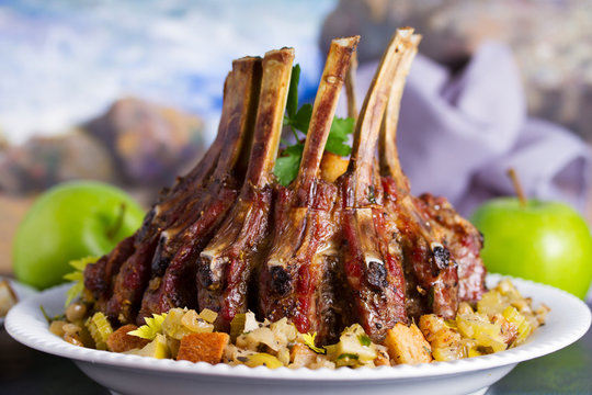 Crown Roast Of Pork With Apple And Bread Stuffing.