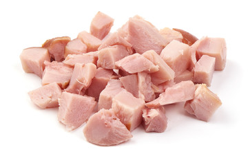 Smoked chicken fillet chunks, isolated on white background