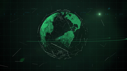 Earth polygon mesh planet floating in dark space surrounded by abstract line particles.