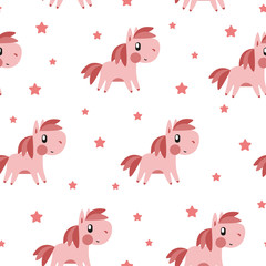 Pink pony and star pattern on white background