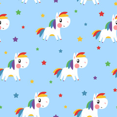 Rainbow pony and star pattern on blue background