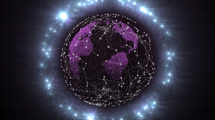 Obraz premium Luminous lights of radioactive particles around the planet Earth in the dark space.