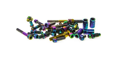 titanium alloy accessory bolts and nuts isolated on white background, include clipping path