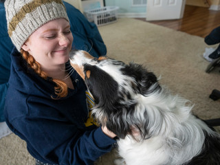 Girl petting Australian shepherd dog