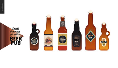 Fototapeta na wymiar Brewery, craft beer pub -small business graphics - beer bottles -modern flat vector concept illustrations - various kinds of craft beer in the bottles, range, light and dark