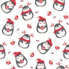 Merry Christmas seamless pattern with penguins on background, vector illustration