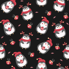 Merry Christmas seamless pattern with penguins on background, vector illustration