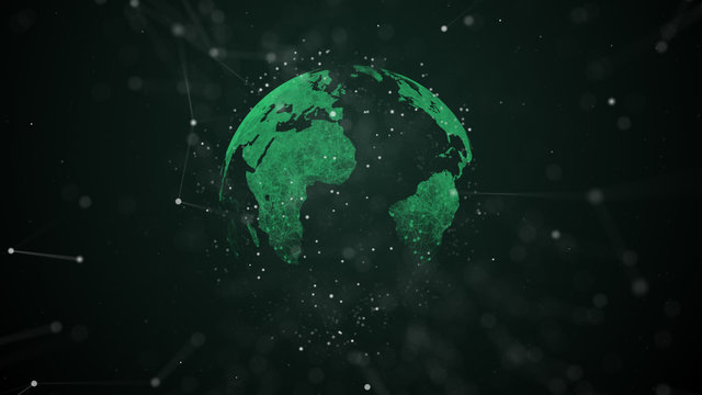 Rotation of glossy planet with glowing blurred particles flying around it in the space.