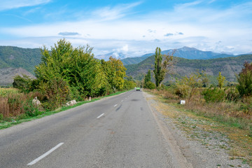 Road to mount Caucasus along with the leaf shredded trees at the side of the road. Kakheti, Georgia.