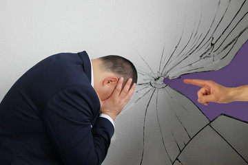 businessman, sitting, bending his head with two hands, next to a man blames, showing expressively...