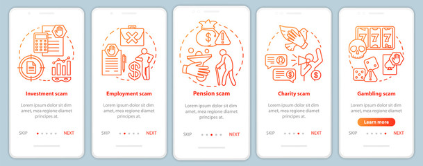 Scam types onboarding mobile app page screen vector template. Walkthrough website steps with linear illustrations. Investment and employment fraud. UX, UI, GUI smartphone interface concept