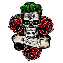 Vector hand drawn colorful illustration logo of Day Of The Dead Skull Muertos. Skull sugar flower. Skull tattoo isolated on white.