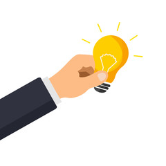 Vector hand holds light bulb like an idea. Business idea concept. Vector illustration. Isolated.