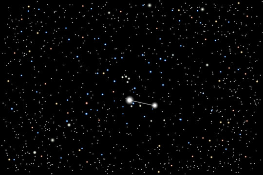 Vector illustration of the constellation  Canes Venatici (Hunting Dogs) on a starry black sky background. The astronomical cluster of stars in the constellation in the northern hemisphere. 