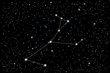 Vector illustration of the constellation  Monoceros (Unicorn) on a starry black sky background. The astronomical cluster of stars in the constellation on the celestial equator.  © dore art