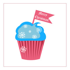 A Christmas cupcake with a blue filling, a Merry Christmas flag and snowflakes. Design for greeting cards, flyers, packaging. Vector flat illustration