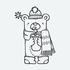 Cute bear in warm winter clothes with cup of hot drink. Warming in the winter cold weather. Scarf, hat and woolen socks.