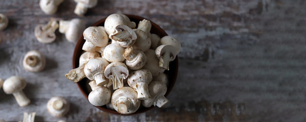 Fresh champignon mushrooms in a bowl. Raw mushrooms. Selective focus. Macro.