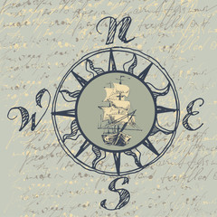 Marine ship steering wheel with a sailing ship on a handwritten background. Hand drawing.